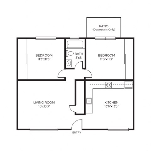 Floor plan for 2 beds, 1 bath, 800 sqft